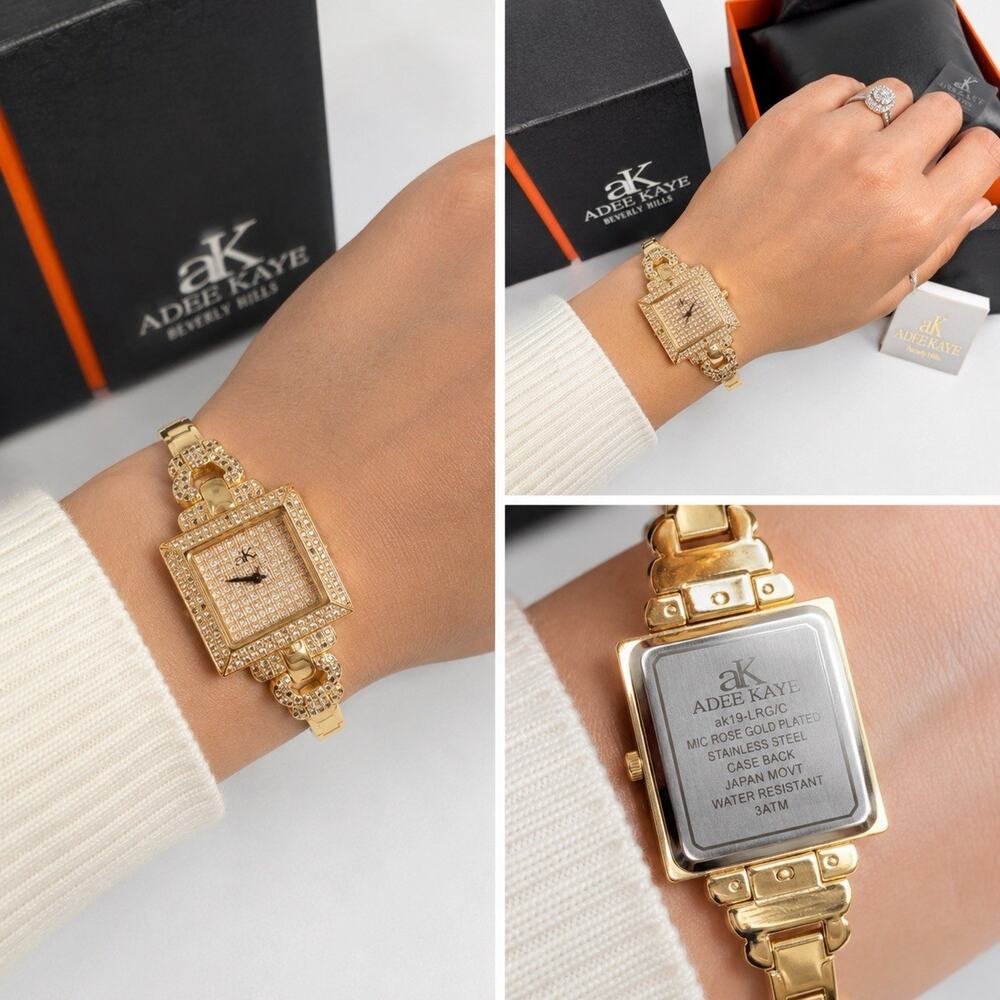 Adee Kaye AK19-LRG/C Rose Gold Crystal Rectangular Women’s Watch Boxed